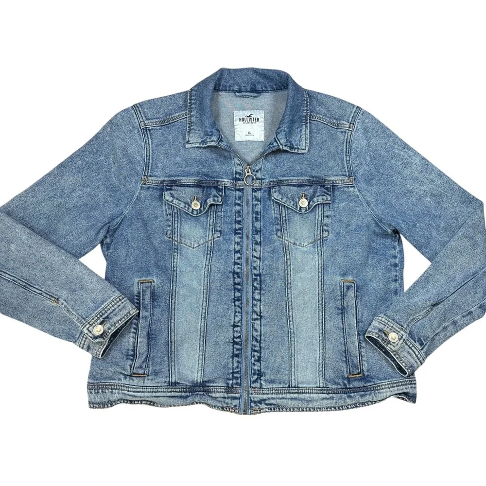 HOLLISTER Womens XL Full Zipper Front Acid Washed Blue Denim Stretch Jean Jacket - Picture 1 of 11
